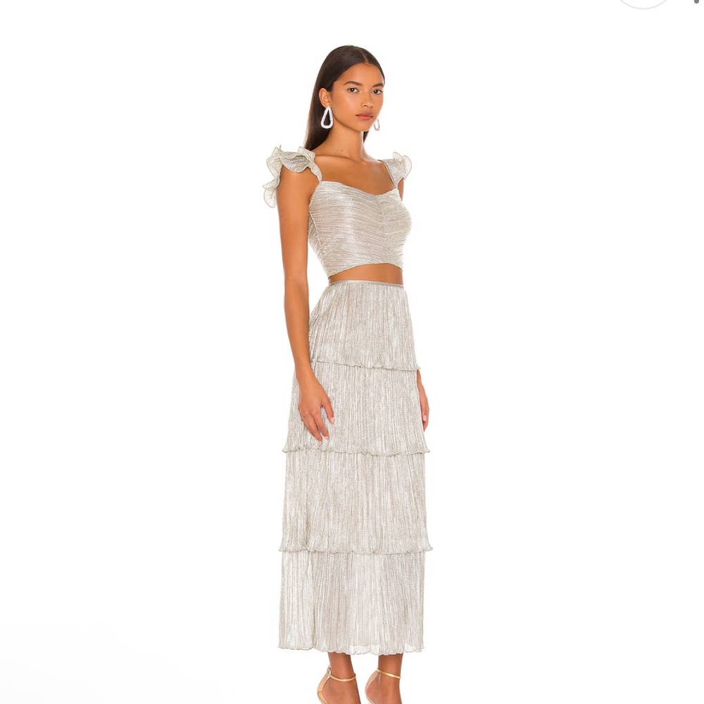SAYLOR Gianna Platinum Metallic Tiered Midi Skirt Revolve